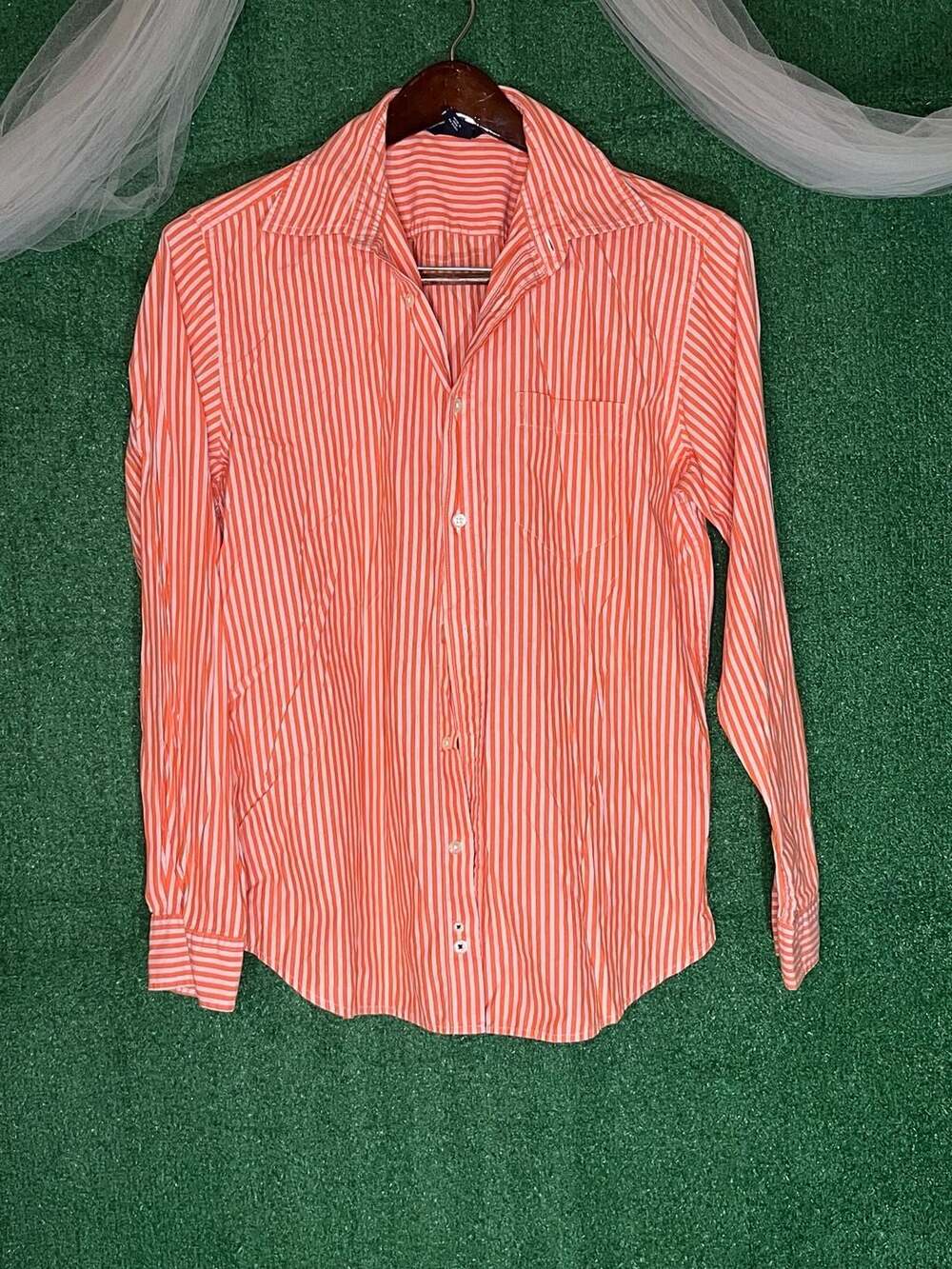 Gap Orange and White Striped Long Sleeve Button-Up Shirt